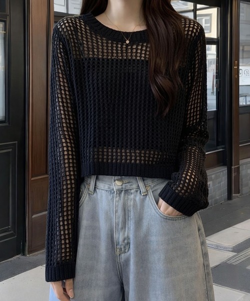 VIBGYOR(ヴィブジョー)の「【EIZZ/アイズ】透け編みショート丈 メッシュニット クロップド 長袖 トップス(Tシャツ/カットソー・レディース・グレー/ブラック/ホワイト・FREE)」の9枚目の写真