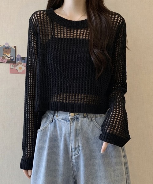 VIBGYOR(ヴィブジョー)の「【EIZZ/アイズ】透け編みショート丈 メッシュニット クロップド 長袖 トップス(Tシャツ/カットソー・レディース・グレー/ブラック/ホワイト・FREE)」の10枚目の写真