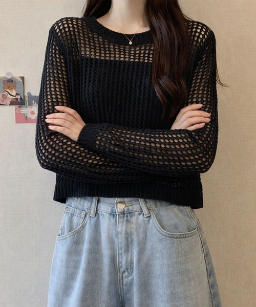 VIBGYOR(ヴィブジョー)の「【EIZZ/アイズ】透け編みショート丈 メッシュニット クロップド 長袖 トップス(Tシャツ/カットソー・レディース・グレー/ブラック/ホワイト・FREE)」の11枚目の写真