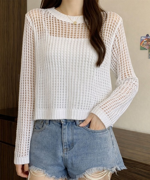 VIBGYOR(ヴィブジョー)の「【EIZZ/アイズ】透け編みショート丈 メッシュニット クロップド 長袖 トップス(Tシャツ/カットソー・レディース・グレー/ブラック/ホワイト・FREE)」の12枚目の写真