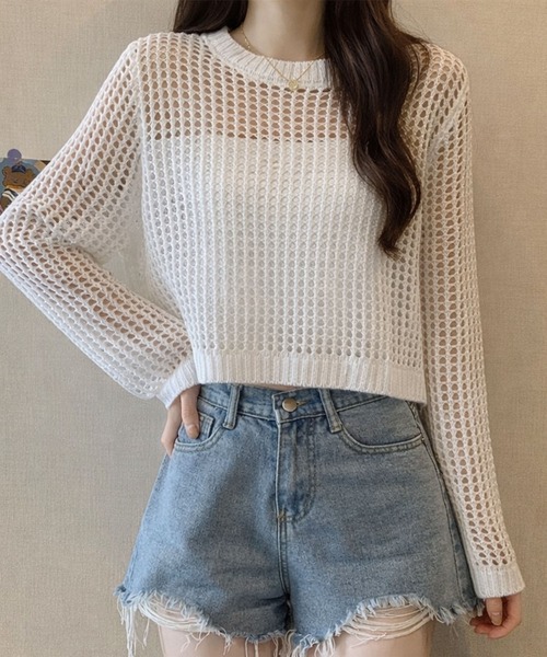 VIBGYOR(ヴィブジョー)の「【EIZZ/アイズ】透け編みショート丈 メッシュニット クロップド 長袖 トップス(Tシャツ/カットソー・レディース・グレー/ブラック/ホワイト・FREE)」の13枚目の写真