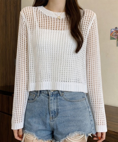 VIBGYOR(ヴィブジョー)の「【EIZZ/アイズ】透け編みショート丈 メッシュニット クロップド 長袖 トップス(Tシャツ/カットソー・レディース・グレー/ブラック/ホワイト・FREE)」の15枚目の写真