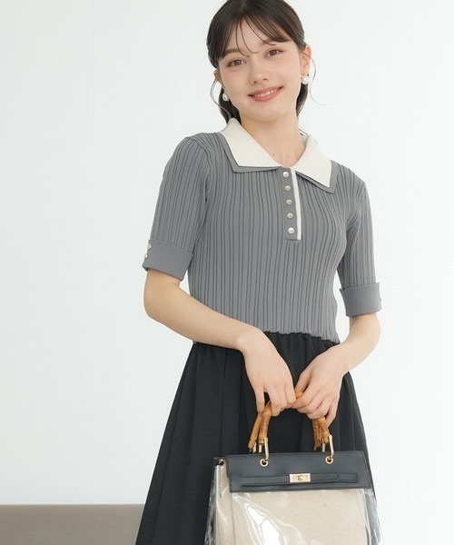 ASTORIA ODIER(アストリアオディール)の「ダブルカラースポンディッシュ ポロワンピース(ワンピース・レディース・ブラック×グレー/ライトグレー/アイボリー・MEDIUM)」の1枚目の写真