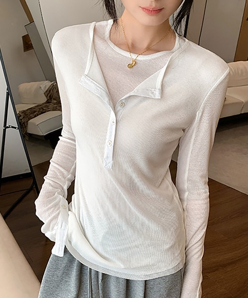 Girly Doll(ガーリードール)の「フェイクレイヤードヘンリーネックカットソー(Tシャツ/カットソー・レディース・ホワイト/ブラック・S/M)」の2枚目の写真