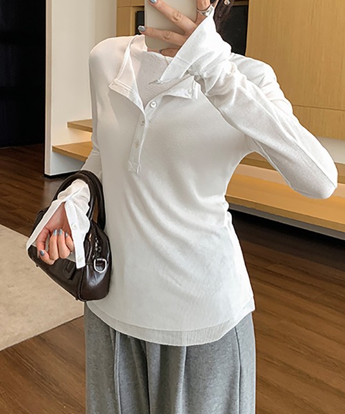 Girly Doll(ガーリードール)の「フェイクレイヤードヘンリーネックカットソー(Tシャツ/カットソー・レディース・ホワイト/ブラック・S/M)」の5枚目の写真