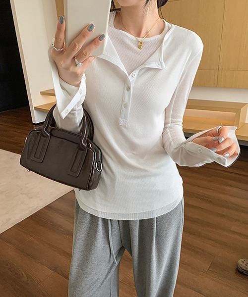 Girly Doll(ガーリードール)の「フェイクレイヤードヘンリーネックカットソー(Tシャツ/カットソー・レディース・ホワイト/ブラック・S/M)」の7枚目の写真