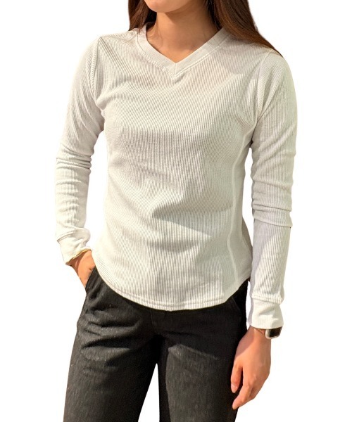 COOK JEANS(クックジーンズ)の「ワッフルVロンT(Tシャツ/カットソー・レディース・ホワイト/ブラック/グレー・FREE)」の1枚目の写真