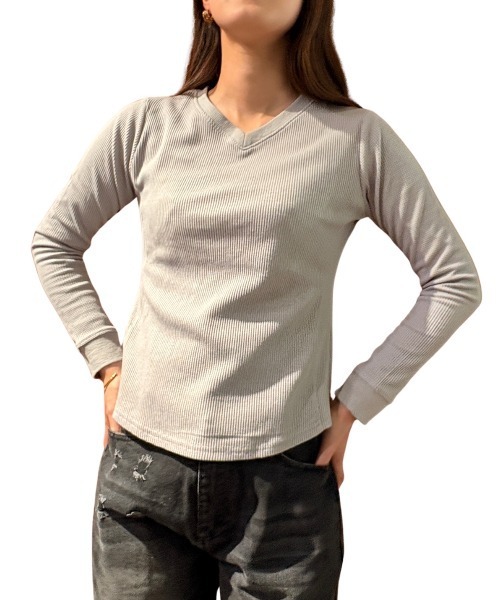 COOK JEANS(クックジーンズ)の「ワッフルVロンT(Tシャツ/カットソー・レディース・ホワイト/ブラック/グレー・FREE)」の12枚目の写真