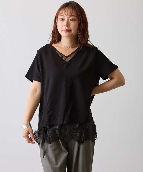 H.TOKYO(エイチトウキョウ)の「レースレイヤードVネックプルオーバー(Tシャツ/カットソー・レディース・ブラック/ホワイト・FREE)」の7枚目の写真