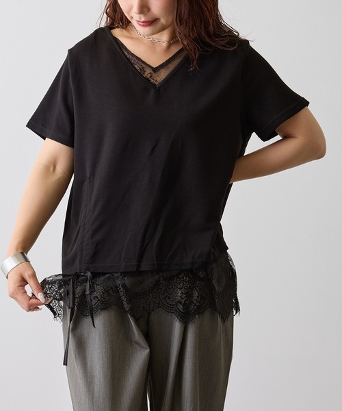 H.TOKYO(エイチトウキョウ)の「レースレイヤードVネックプルオーバー(Tシャツ/カットソー・レディース・ブラック/ホワイト・FREE)」の6枚目の写真