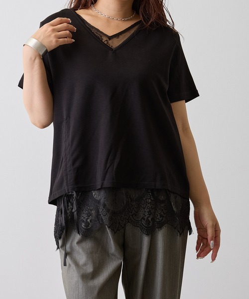 H.TOKYO(エイチトウキョウ)の「レースレイヤードVネックプルオーバー(Tシャツ/カットソー・レディース・ブラック/ホワイト・FREE)」の8枚目の写真