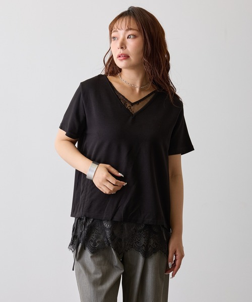 H.TOKYO(エイチトウキョウ)の「レースレイヤードVネックプルオーバー(Tシャツ/カットソー・レディース・ブラック/ホワイト・FREE)」の9枚目の写真