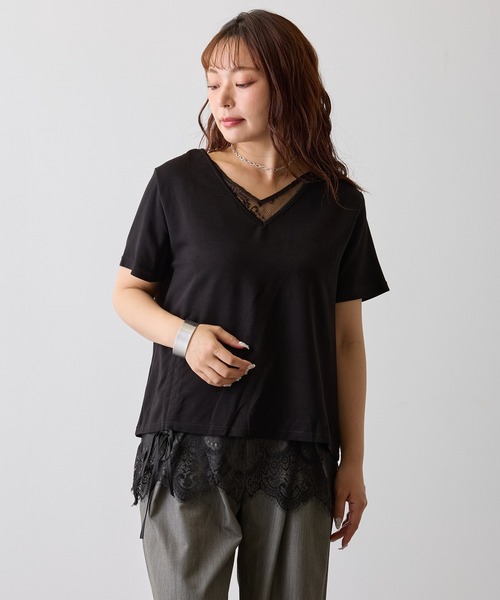 H.TOKYO(エイチトウキョウ)の「レースレイヤードVネックプルオーバー(Tシャツ/カットソー・レディース・ブラック/ホワイト・FREE)」の10枚目の写真