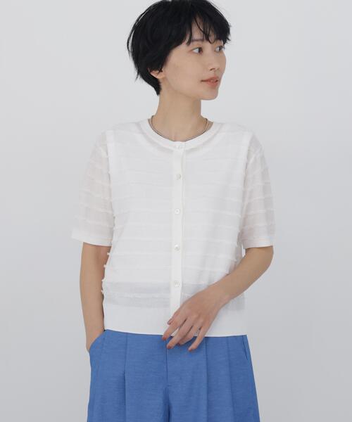 human woman(ヒューマンウーマン)の「◆【2WAY/ウォッシャブル】パイルボーダーカーディガン(カーディガン/ボレロ・レディース・ネイビー/ホワイト/レッド・MEDIUM)」の1枚目の写真