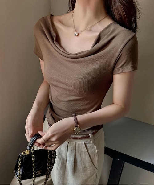 MAISON DE THERESE（メゾン ド テレーズ）の「4 色展開 ドレープネック 半袖カットソー レディース スリム（Tシャツ/カットソー・レディース・White/Yellow/Black/モカ・M）」の14枚目の写真