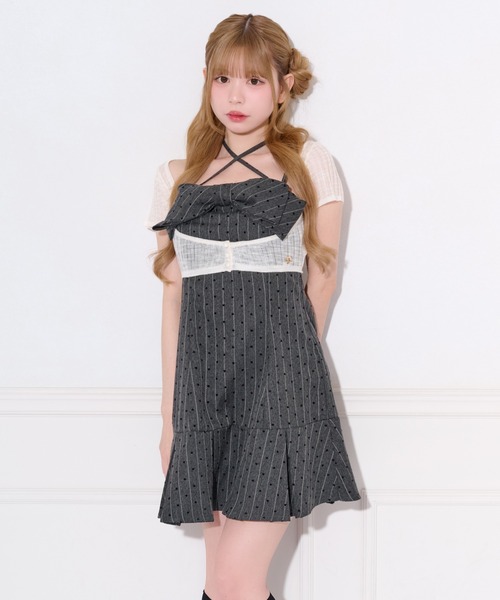  リボンプリーツミニワンピース　ブラック　ノースリーブ　キャミソール フロントリボンプリーツミニキャミワンピース（ワンピース）｜apres