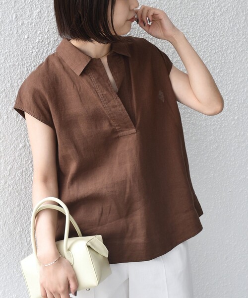 SHIPS Colors(シップス カラーズ)の「SHIPS Colors:〈洗濯機可能〉ユーロリネン (EURO Linen) フレンチスリーブ スキッパーブラウス◇(シャツ/ブラウス・レディース・オフホワイト/ブラック/ブラウン・ONE SIZE)」の3枚目の写真