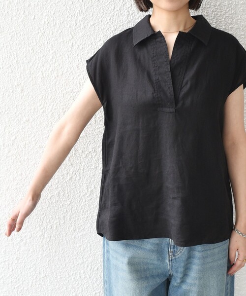 SHIPS Colors(シップス カラーズ)の「SHIPS Colors:〈洗濯機可能〉ユーロリネン (EURO Linen) フレンチスリーブ スキッパーブラウス◇(シャツ/ブラウス・レディース・オフホワイト/ブラック/ブラウン・ONE SIZE)」の4枚目の写真