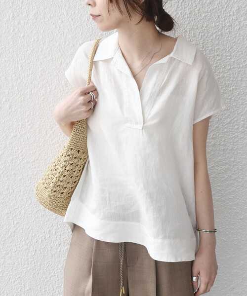 SHIPS Colors(シップス カラーズ)の「SHIPS Colors:〈洗濯機可能〉ユーロリネン (EURO Linen) フレンチスリーブ スキッパーブラウス◇(シャツ/ブラウス・レディース・オフホワイト/ブラック/ブラウン・ONE SIZE)」の8枚目の写真