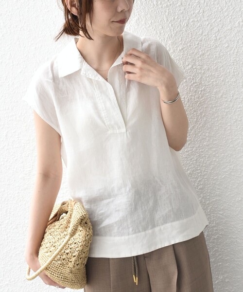 SHIPS Colors(シップス カラーズ)の「SHIPS Colors:〈洗濯機可能〉ユーロリネン (EURO Linen) フレンチスリーブ スキッパーブラウス◇(シャツ/ブラウス・レディース・オフホワイト/ブラック/ブラウン・ONE SIZE)」の9枚目の写真