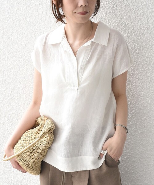 SHIPS Colors(シップス カラーズ)の「SHIPS Colors:〈洗濯機可能〉ユーロリネン (EURO Linen) フレンチスリーブ スキッパーブラウス◇(シャツ/ブラウス・レディース・オフホワイト/ブラック/ブラウン・ONE SIZE)」の10枚目の写真