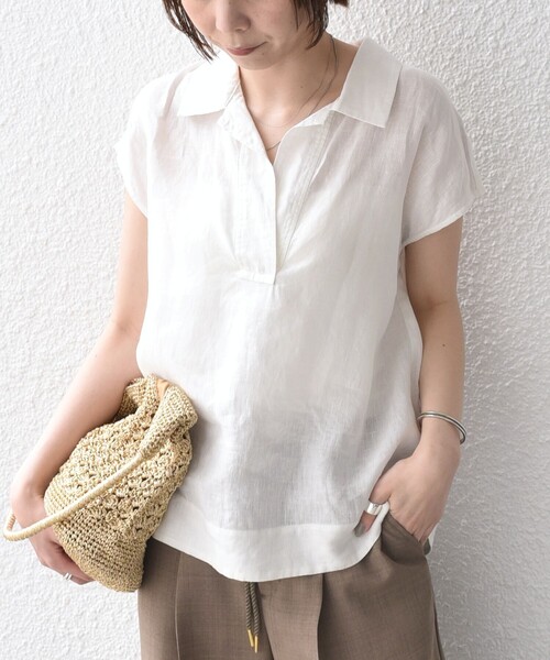SHIPS Colors(シップス カラーズ)の「SHIPS Colors:〈洗濯機可能〉ユーロリネン (EURO Linen) フレンチスリーブ スキッパーブラウス◇(シャツ/ブラウス・レディース・オフホワイト/ブラック/ブラウン・ONE SIZE)」の11枚目の写真