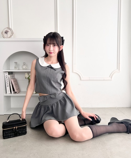 Loueme(ルエム)の「ラウンドカラーノースリーブ&リボンスカートセットアップ(ワンピース・レディース・ライトブルー/ピンク/ダークグレー・FREE)」の9枚目の写真