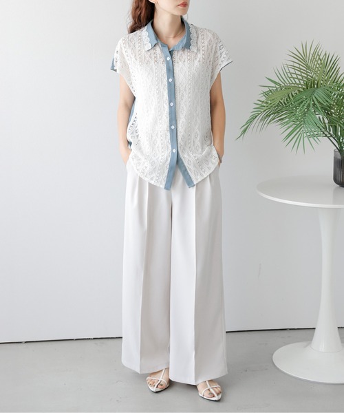 AMELY(エミリー)の「透かし編みレース デニムシャツ(シャツ/ブラウス・レディース・ホワイト/ブラック・フリー)」の6枚目の写真