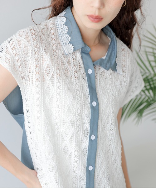 AMELY(エミリー)の「透かし編みレース デニムシャツ(シャツ/ブラウス・レディース・ホワイト/ブラック・フリー)」の9枚目の写真