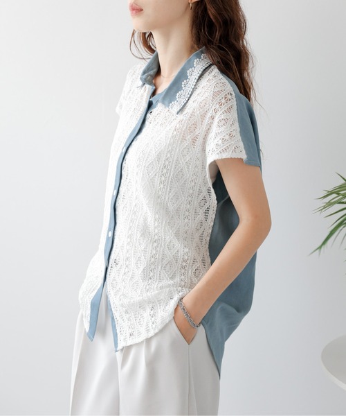AMELY(エミリー)の「透かし編みレース デニムシャツ(シャツ/ブラウス・レディース・ホワイト/ブラック・フリー)」の10枚目の写真