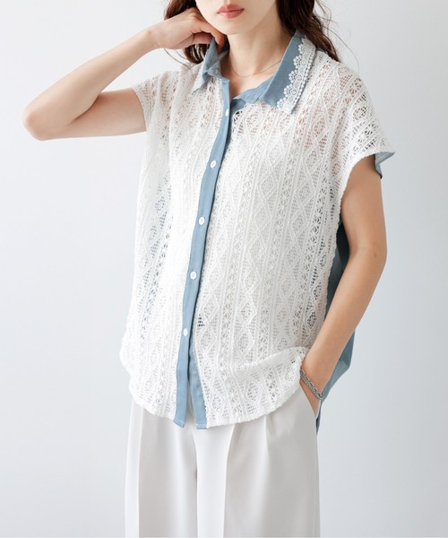 AMELY(エミリー)の「透かし編みレース デニムシャツ(シャツ/ブラウス・レディース・ホワイト/ブラック・フリー)」の11枚目の写真