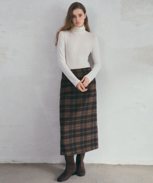 OURNOSTALGIA(アワー ノスタルジア)の「Wool Pencil Check Skirt_Brown(O25-SK16)(スカート・レディース・ブラウン・MEDIUM/SMALL)」の1枚目の写真