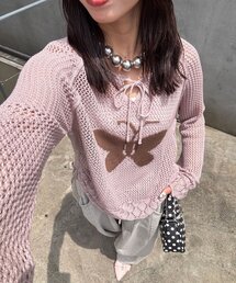 バタフライ透かし編みニット