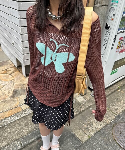 CIAOPANIC（チャオパニック）の「バタフライ透かし編みニット（パーカー・レディース・ブラウン/アイボリー/ピンク/イエロー・ONE SIZE）」の13枚目の写真