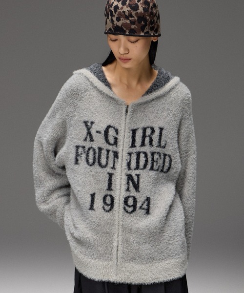 X-girl(エックスガール)の「SHAGGY KNIT ZIP UP HOODIE(ニット/セーター・レディース・グレー/ブラック・ONE SIZE)」の2枚目の写真