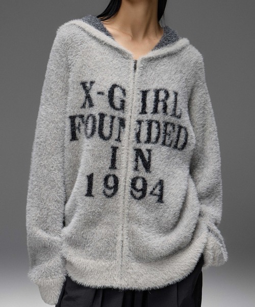 X-girl(エックスガール)の「SHAGGY KNIT ZIP UP HOODIE(ニット/セーター・レディース・グレー/ブラック・ONE SIZE)」の5枚目の写真