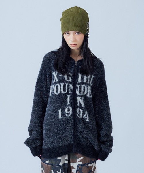 X-girl(エックスガール)の「SHAGGY KNIT ZIP UP HOODIE(ニット/セーター・レディース・グレー/ブラック・ONE SIZE)」の14枚目の写真
