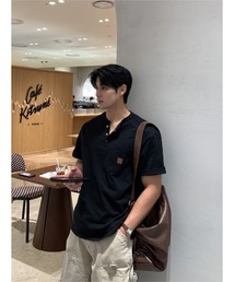 パッチ フロントボタン ヘンリーネック半袖Tシャツ(ブラック)