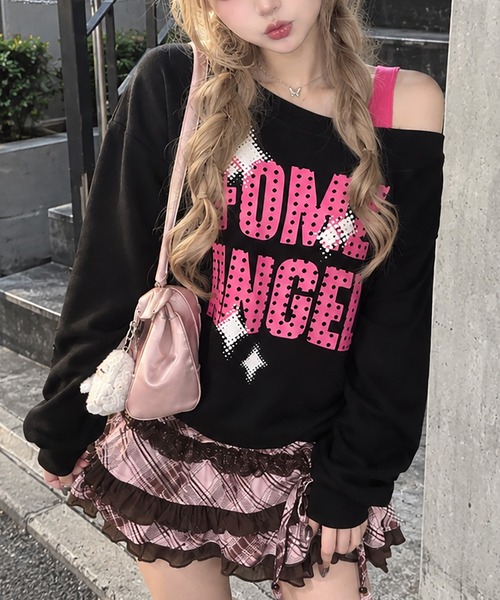 SPINNS(スピンズ)の「ワンショルダースウェット/ビッグロゴ/平成ギャル(スウェット・レディース・ブラック/グレー・ONESIZE)」の1枚目の写真