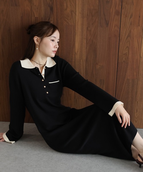 J by blue(ジェイバイブルー)の「ゴールドボタン配色ポロニットワンピース(ワンピース・レディース・グレイッシュベージュ/ブラック/ブラウン・MEDIUM)」の1枚目の写真
