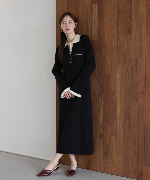 J by blue(ジェイバイブルー)の「ゴールドボタン配色ポロニットワンピース(ワンピース・レディース・グレイッシュベージュ/ブラック/ブラウン・MEDIUM)」の8枚目の写真