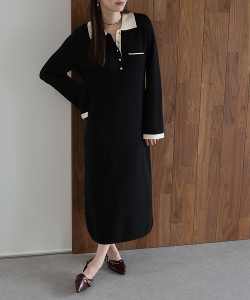 J by blue(ジェイバイブルー)の「ゴールドボタン配色ポロニットワンピース(ワンピース・レディース・グレイッシュベージュ/ブラック/ブラウン・MEDIUM)」の9枚目の写真