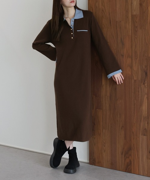 J by blue(ジェイバイブルー)の「ゴールドボタン配色ポロニットワンピース(ワンピース・レディース・グレイッシュベージュ/ブラック/ブラウン・MEDIUM)」の7枚目の写真