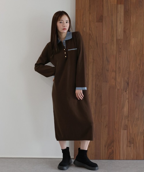 J by blue(ジェイバイブルー)の「ゴールドボタン配色ポロニットワンピース(ワンピース・レディース・グレイッシュベージュ/ブラック/ブラウン・MEDIUM)」の6枚目の写真