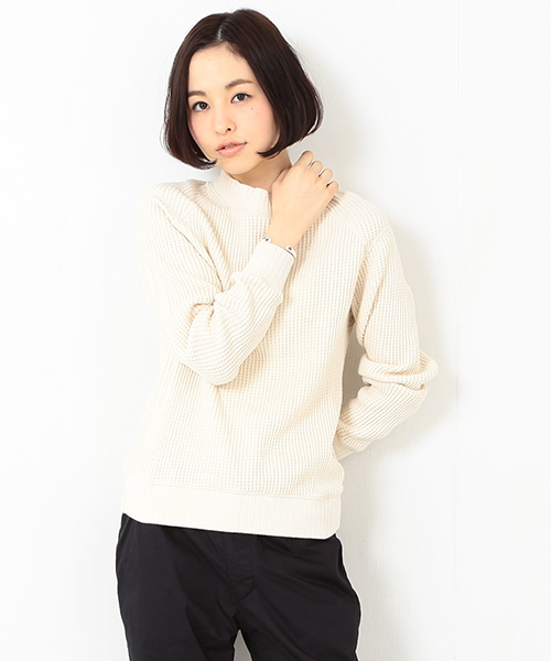 BEAMS BOY(ビームスボーイ)の「Jackman / ワッフル ミドルネック トップス(スウェット・レディース・ナチュラル/ネイビー・ONE SIZE)」の2枚目の写真