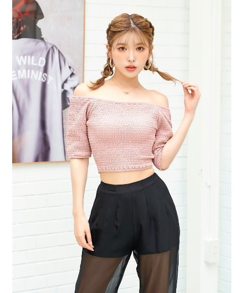 Darich（ダーリッチ）の「シャーリングクロップドトップス（Tシャツ/カットソー・レディース・ベージュ/アイボリー/ミント/ピンク・FREE）」の4枚目の写真