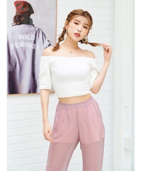 Darich（ダーリッチ）の「シャーリングクロップドトップス（Tシャツ/カットソー・レディース・ベージュ/アイボリー/ミント/ピンク・FREE）」の3枚目の写真
