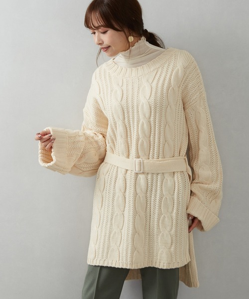 SpRay（スプレイ）の「ベルト付ケーブルチュニック（チュニック・レディース・ブラック/ベージュ/ブラウン/モカ・FREE）」の4枚目の写真