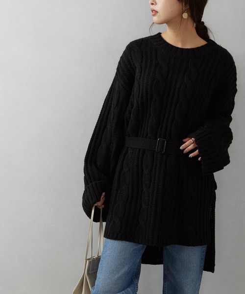 SpRay（スプレイ）の「ベルト付ケーブルチュニック（チュニック・レディース・ブラック/ベージュ/ブラウン/モカ・FREE）」の2枚目の写真