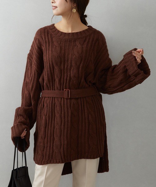 SpRay（スプレイ）の「ベルト付ケーブルチュニック（チュニック・レディース・ブラック/ベージュ/ブラウン/モカ・FREE）」の11枚目の写真